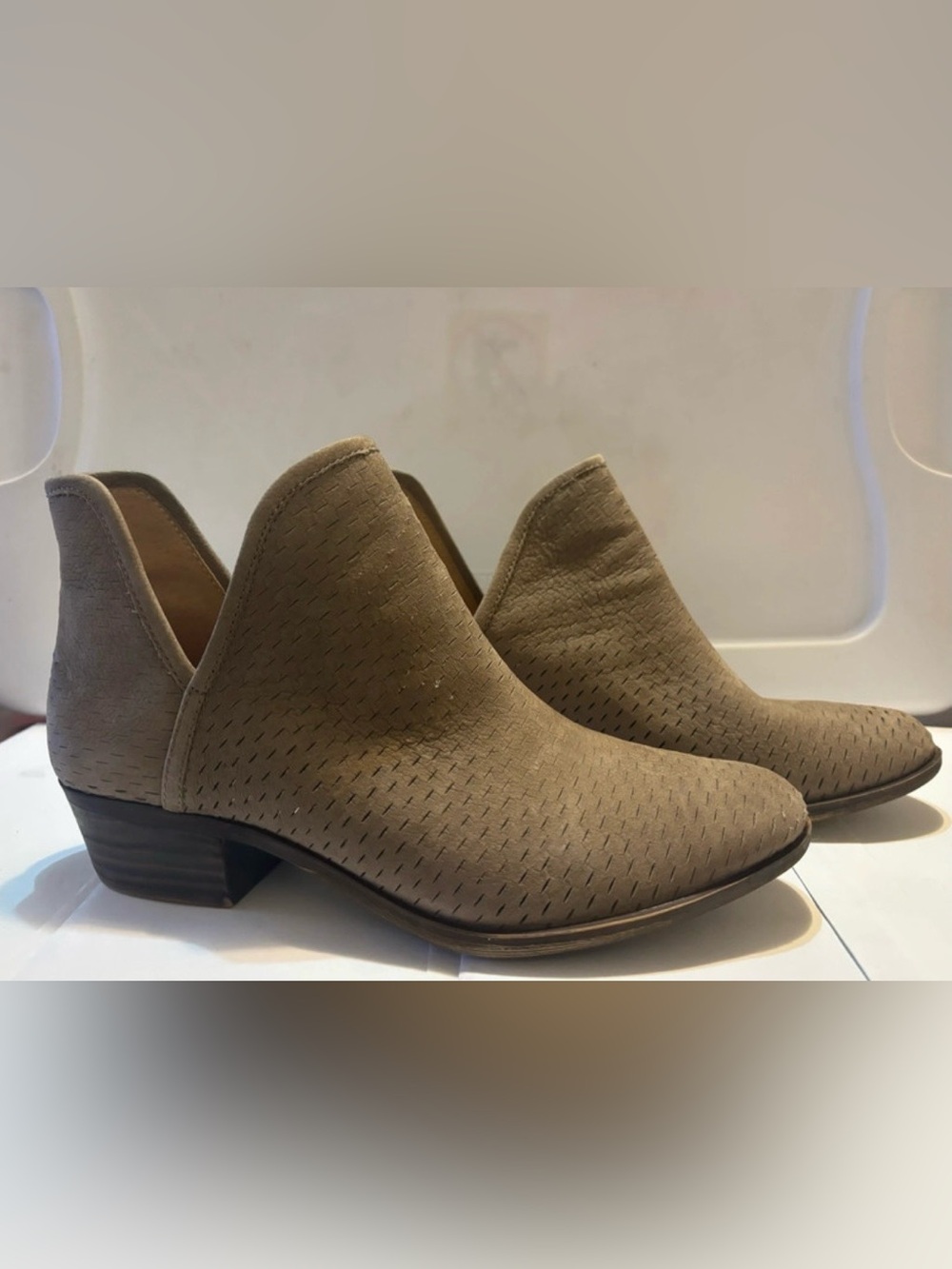 Lucky Brand Taupe Perforated Cutout Ankle Booties